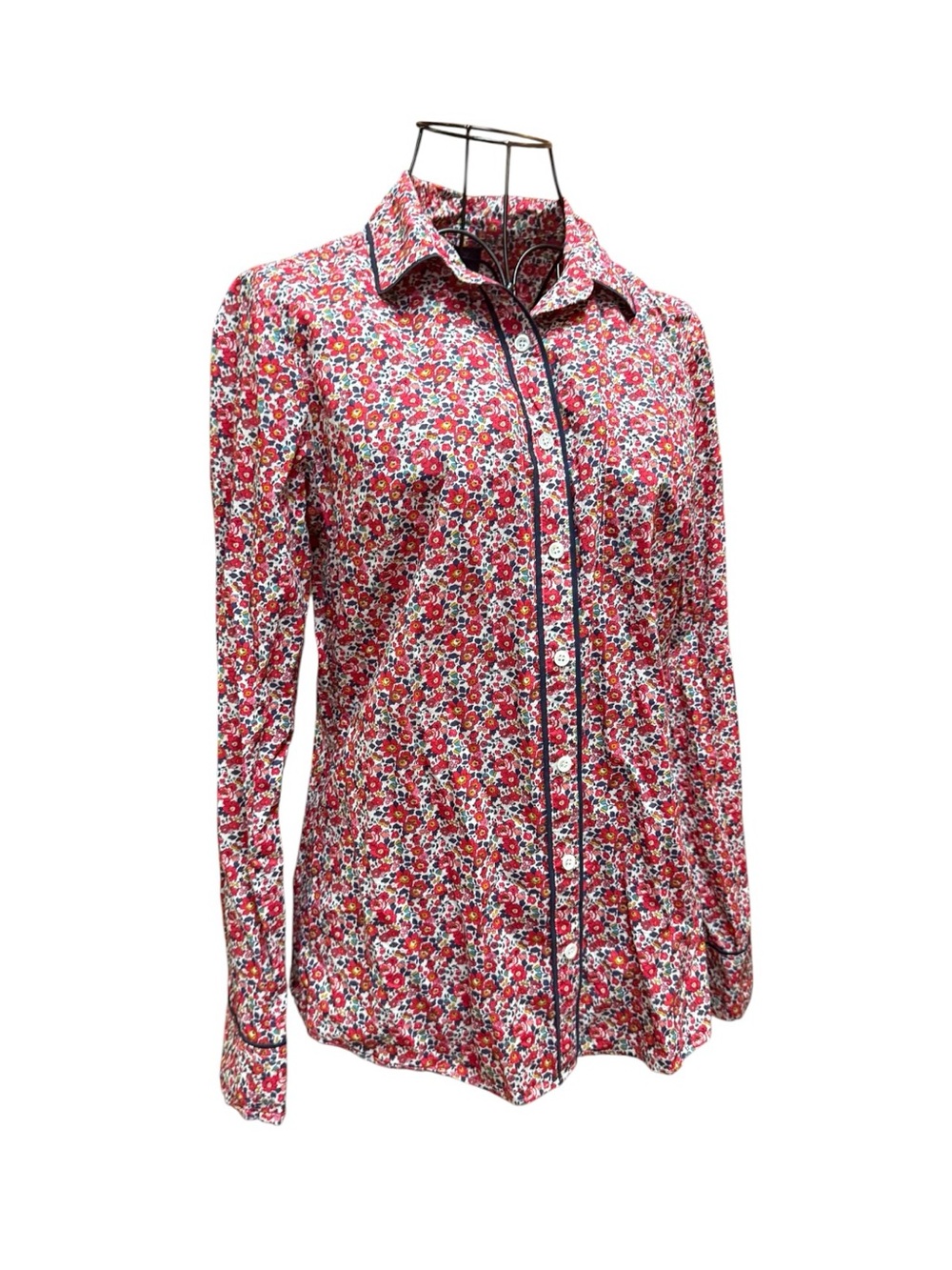 Liberty London x J. Crew Red Floral Button-Down Shirt  Black Piping Preppy - Picture 3 of 10